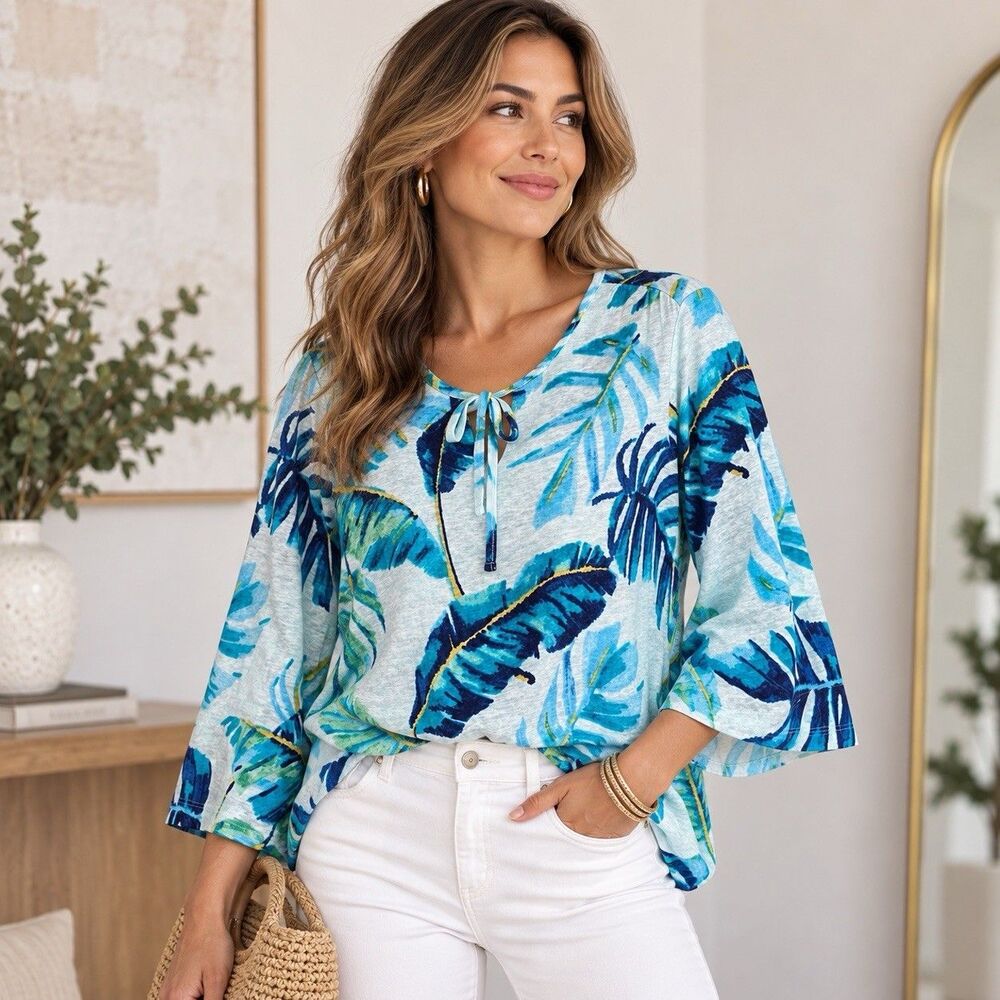 Chico’s Linen Palm Shired Forward Seam Top Size 2 US L Paradiso Blue Tropical